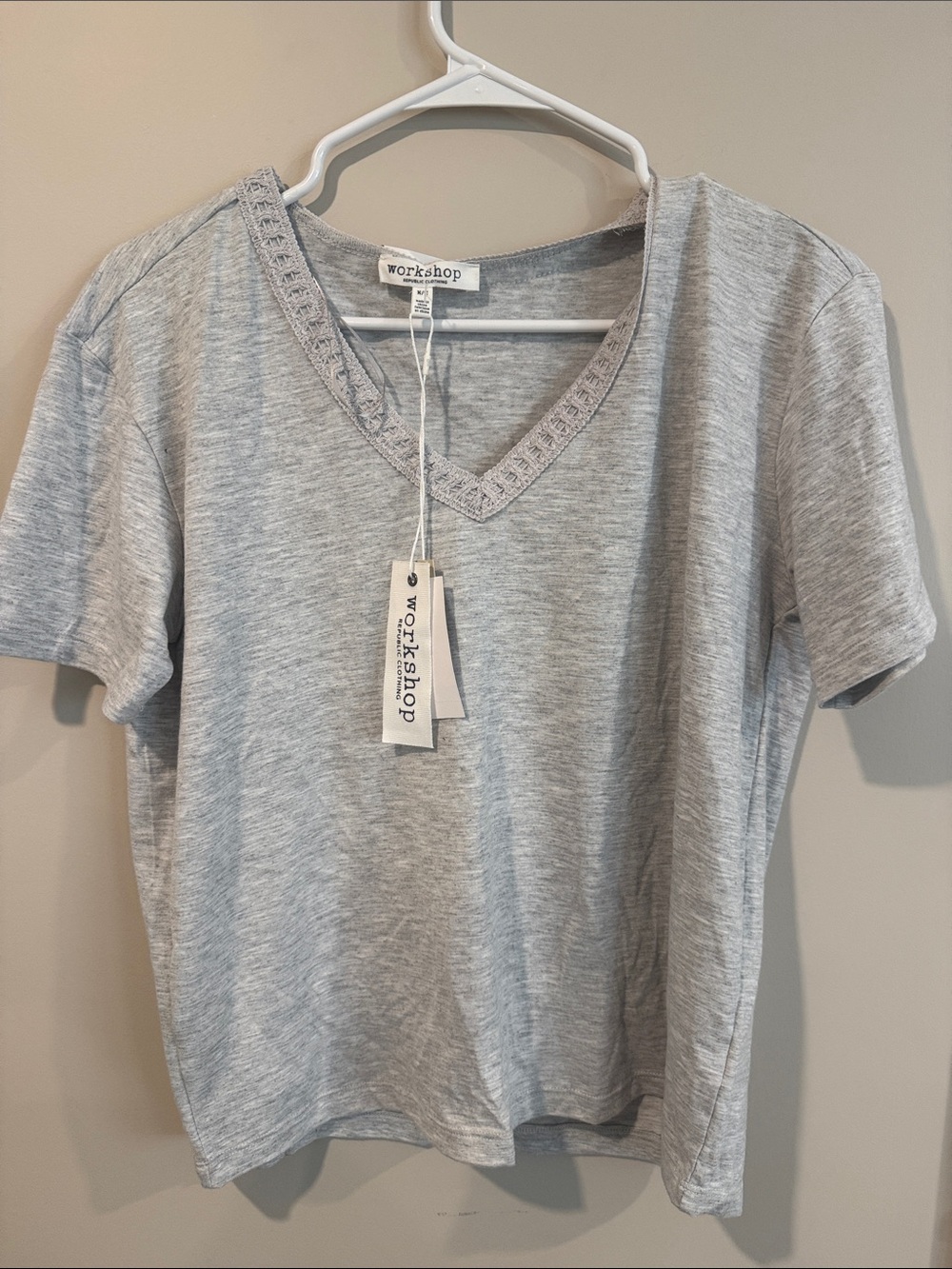 Workshop Republic Clothing Light Heather Gray V-Neck Short Sleeve Top
